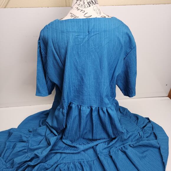 Women's Short Sleeve V-Neck Pleated Ruffle Flowy Blue Summer Dress size XL - Picture 3 of 6